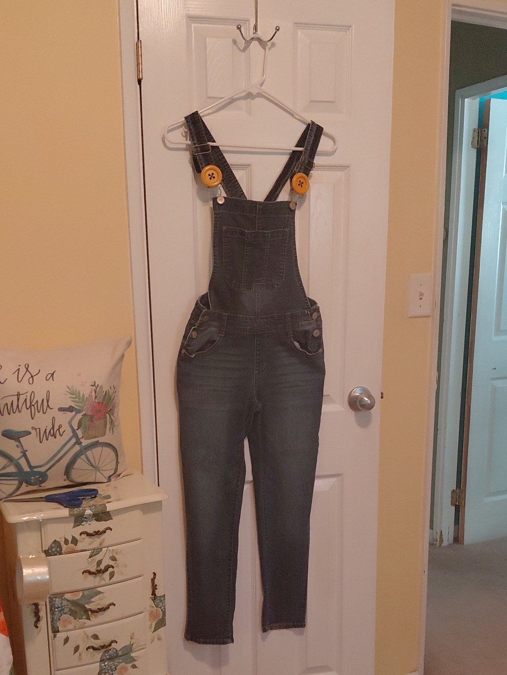 Wallflower Dark Gray-Blue Denim Overalls with Yellow Button Accents